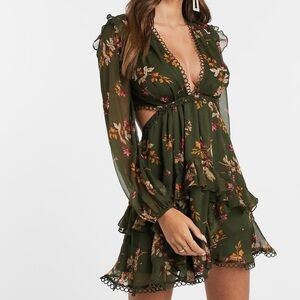 ASOS Green Floral Ruffle Cut Out Mini Dress